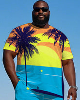 Big Men's Hawaiian Artistic Color Block Coconut Trees Printed Short Sleeve T-shirt and Shorts Set